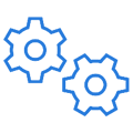 Two blue gears are shown on a green background.